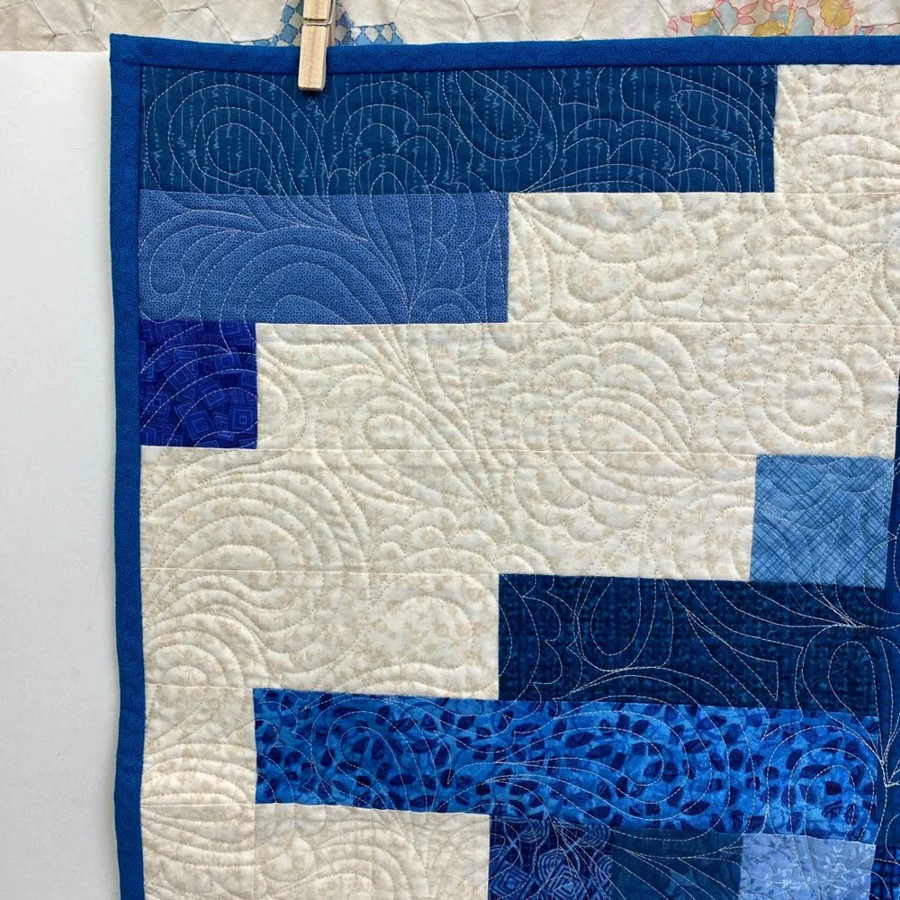 Handmade Blue Cream Geometric Quilted Wall Hanging Small Lap Blanket 24